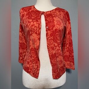 Garnet Hill Orange Floral Cardigan Sweater Button Front 100% Merino Wool Medium